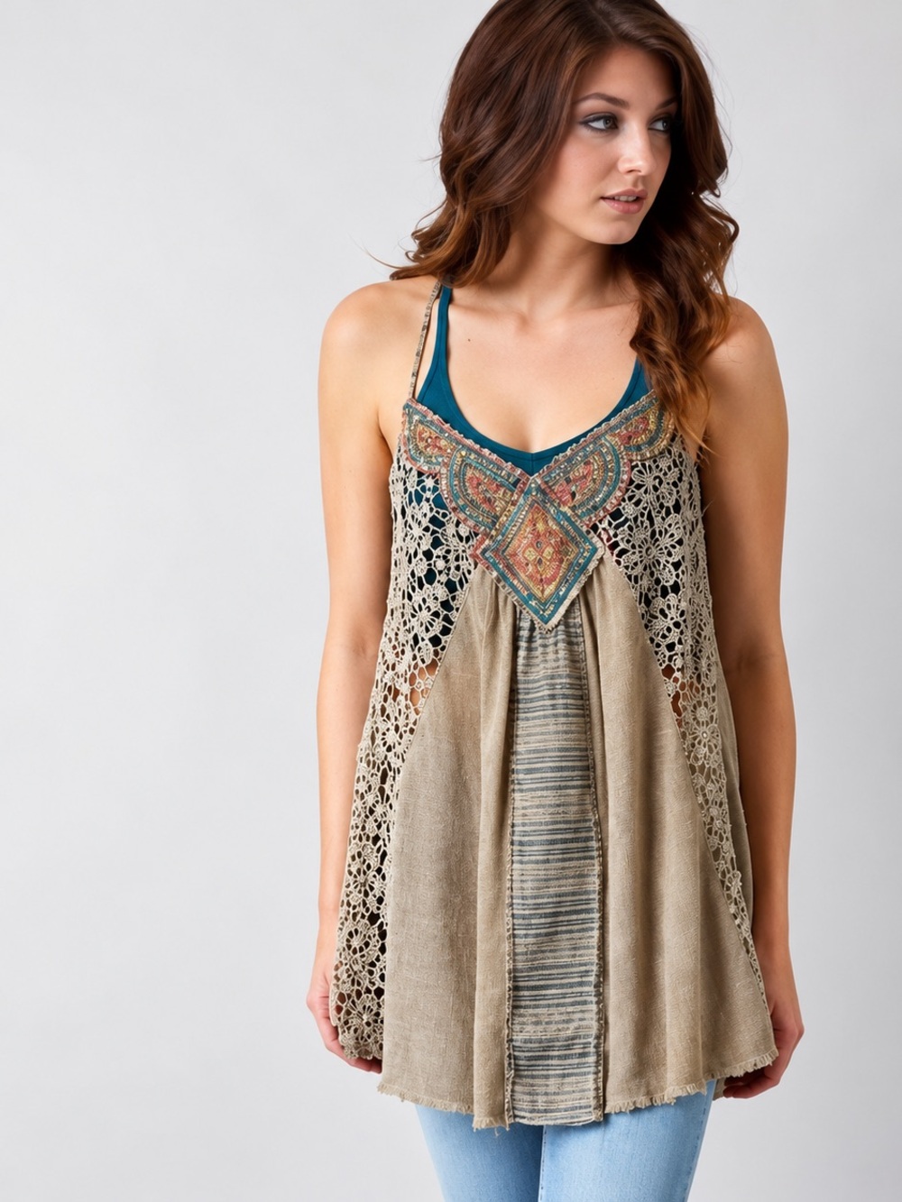 Gimmicks Buckle Tank Top S Boho Crochet Lace Embroidered Strappy Open Back